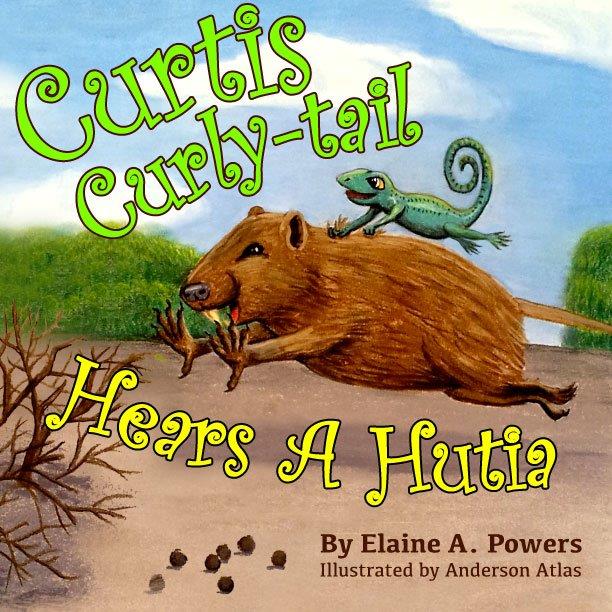 colorful children's book cover with a curly-tail lizard riding on the back of a hutia